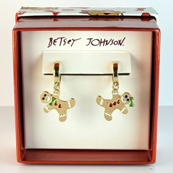Betsey Johnson Jewelry - Betsey Johnson Gingerbread Man Woman Earrings Christmas Holiday Gold Tone Huggie